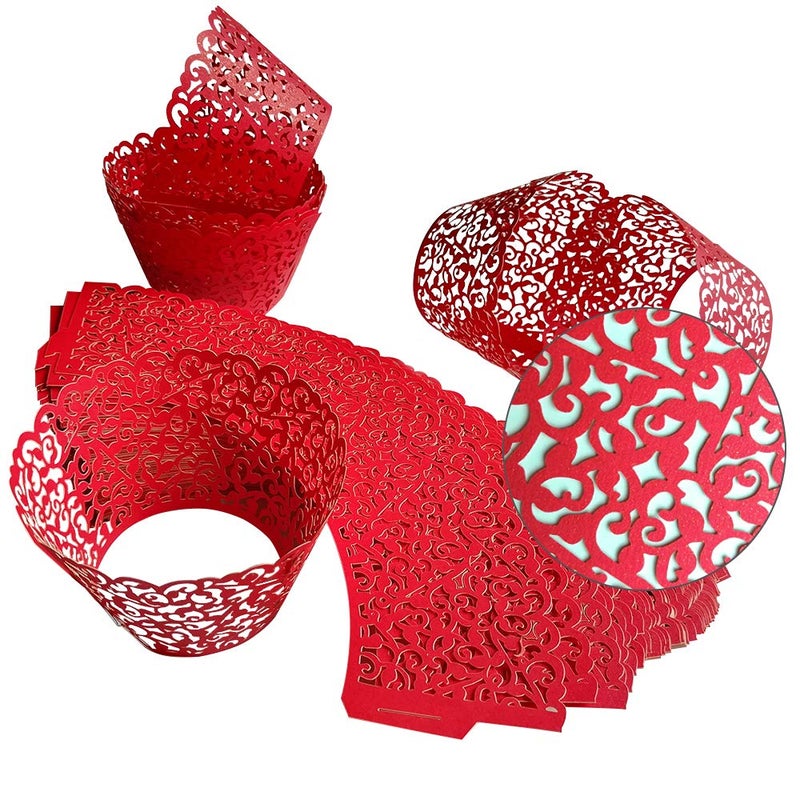 GOLF 100Pcs Christmas Cupcake Wrappers Artistic Bake Cake Paper Filigree Little Vine Lace Laser Cut Liner Baking Cup Wraps Muffin CaseTrays for Wedding Party Birthday Decoration (Red) - Image 3